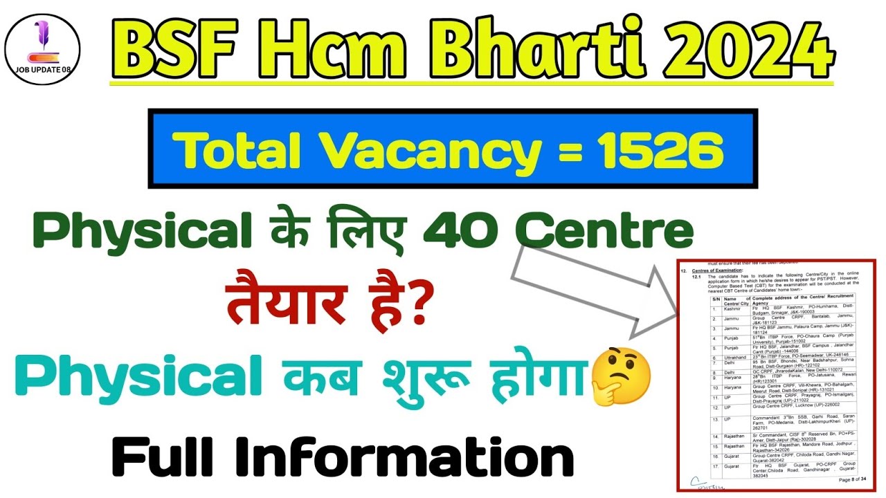 BSF Hcm Bharti 2024 Physical कब शुरू होगा? Physical के लिए 40 Centre ...