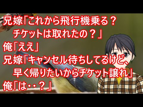 空港で兄嫁に声をかけられた。兄嫁「これから飛行機乗る？チケットは取れたの？」俺「ええ」兄嫁「キャンセル待ちしてるけど、早く帰りたいからチケット譲れ！」俺「は・・？」【修羅場】