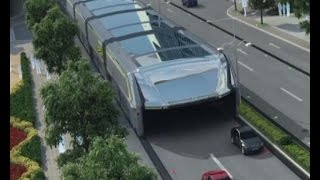 Futuristic straddling bus allows cars running underneath