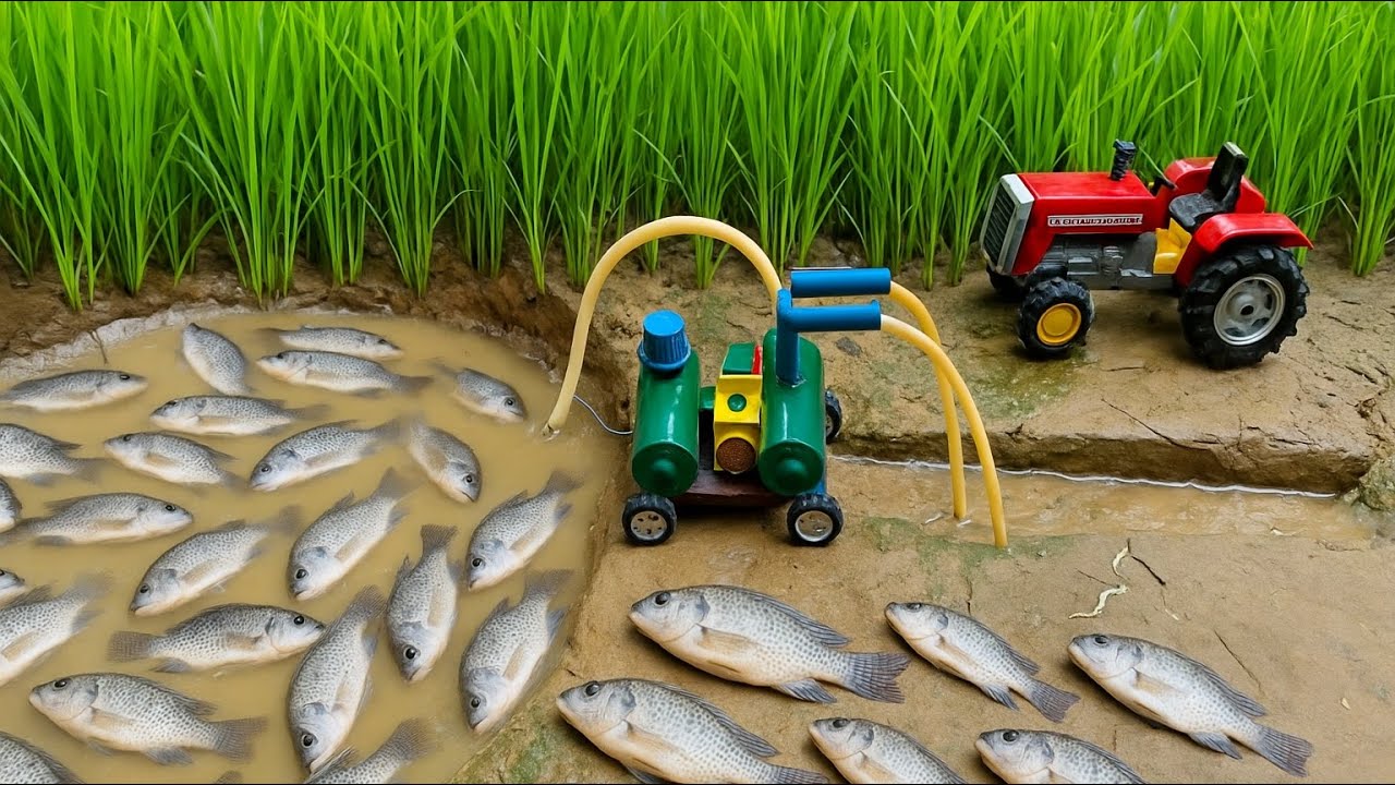 catch fish using mini diesel engine water pump for fish | fishing exciting | diy tractor