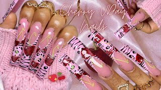 VALENTINES CHERRY NAIL ART WITH ANIMAL PRINT 🍒💖/ BEGINNER ACRYLIC NAILS 