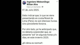 En costa/litoral de Lima (Perú); NO es lluvia, sino llovizna. ¡El Clima es normal!:01 de Julio 2025.