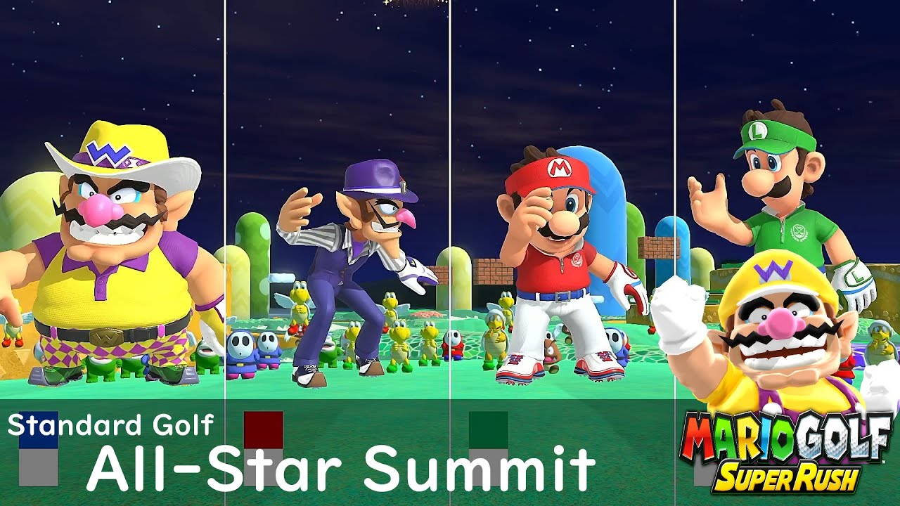 Mario Golf Super Rush Wario vs Waluigi vs Mario vs Luigi in All Star Summit