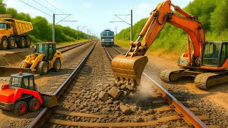 Construction Works: Excavator Repairs Broken Railroad Tracks | Construction Animated