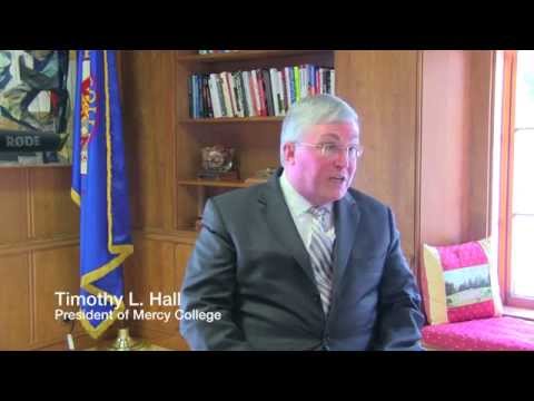 <p>Timothy Hall, president of Mercy College, speaking about helping student succeed. </p>