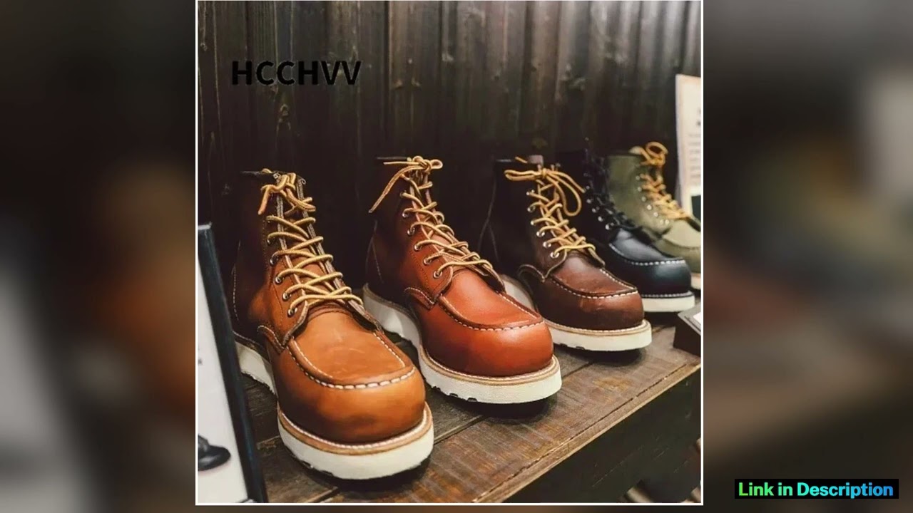 GoodyearWelted Vintage Genuine Leather Ankle Motorcycle Boots Square Top Men Casual Dress Work Red