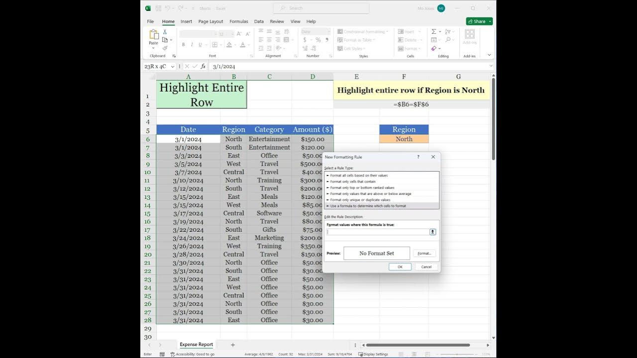 Highlight entire row with conditional formatting youtube