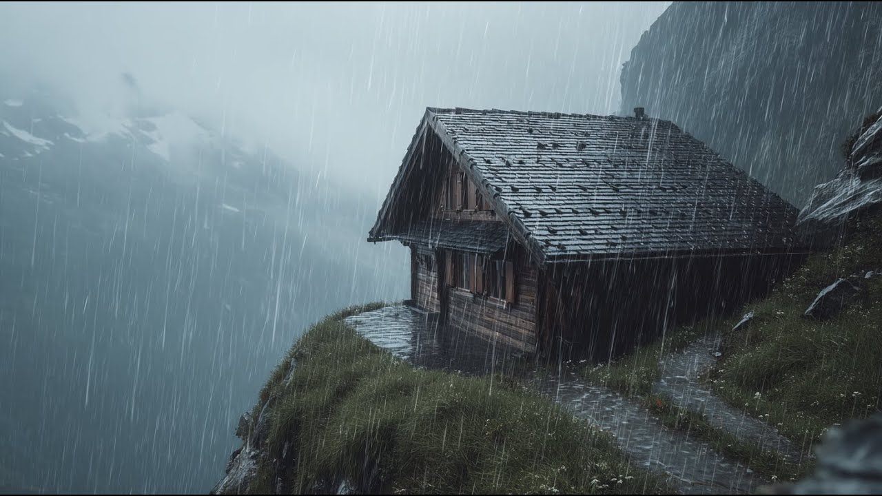 Mountain House in Heavy Rainfall | Continuous Rain and Flowing Roof Water