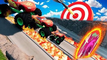 Cars Big & Small McQueen with Monster Truck Wheels vs Portal Trap vs DOWN OF DEATH vs Lava vs Piano
