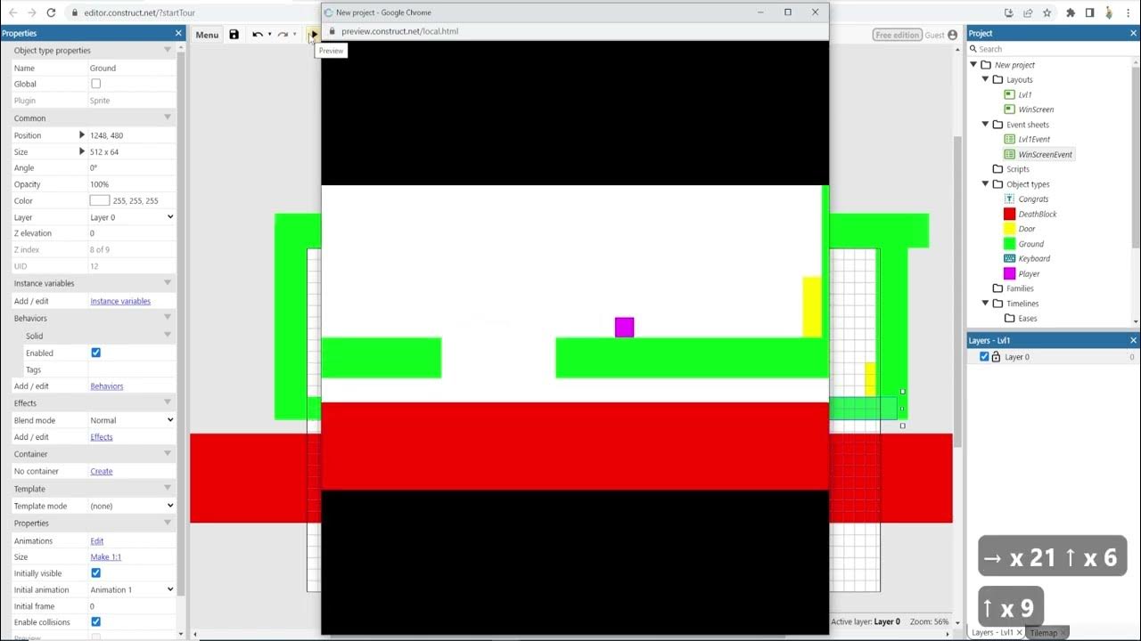 5 Beginner Construct 3 Making a platformer: Camera follow player ...