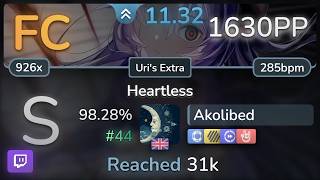 🔴 11.3⭐Akolibed | Pythia - Heartless (Cut Ver.) [Uri's Extra]+NFHDDTHR 98.28% FC #44 | 1630pp - osu!