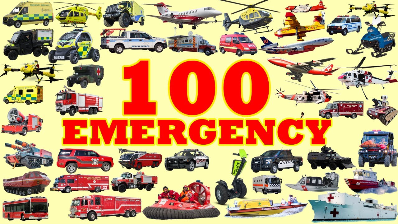 100 EMERGENCY VEHICLE - Police, Ambulance, Fire Vehicle Name Sounds | Types of Vehicles in English