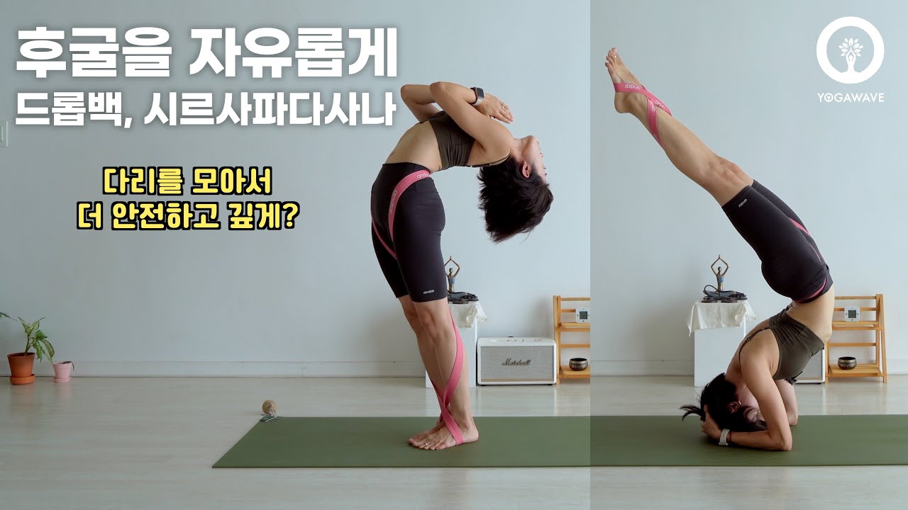 다리 모으는 힘을 통해 '드롭백'과 '시르사파다사나' 후굴하기, 밴드 사용, 숨요가