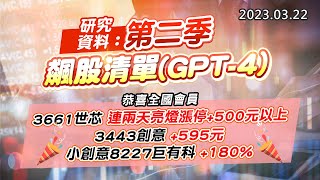 20230322《股市最錢線》#高閔漳 研究資料:第二季,飆股清單(GPT-4)””恭喜全國會員,3661世芯,連兩天亮燈漲停+500元以上;3443創意+595元;小創意8227巨有科+180%