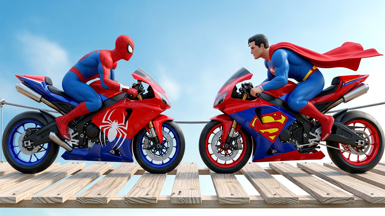 "Spider-Man's Extreme Motorcycle Challenge: High-Speed Stunt Race on the Mega Bridge"