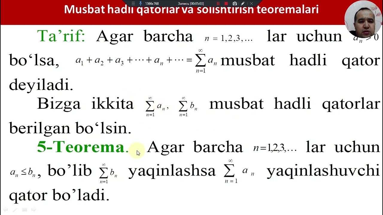 12 Ma'ruza. Sonli qatorlar. Qator yaqinlashishining Dalamber, Koshi va integral alomatlari.