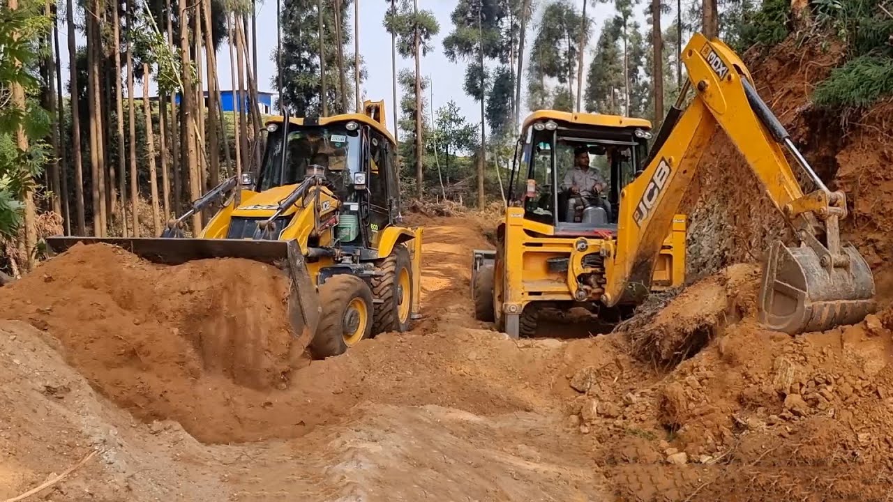 JCB Backhoe Cutting Hill -Removing Dirt - Opening New Track on Hill - Hilly Dusty Road Construction