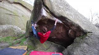 black chipper arete, 7a+. Brimham