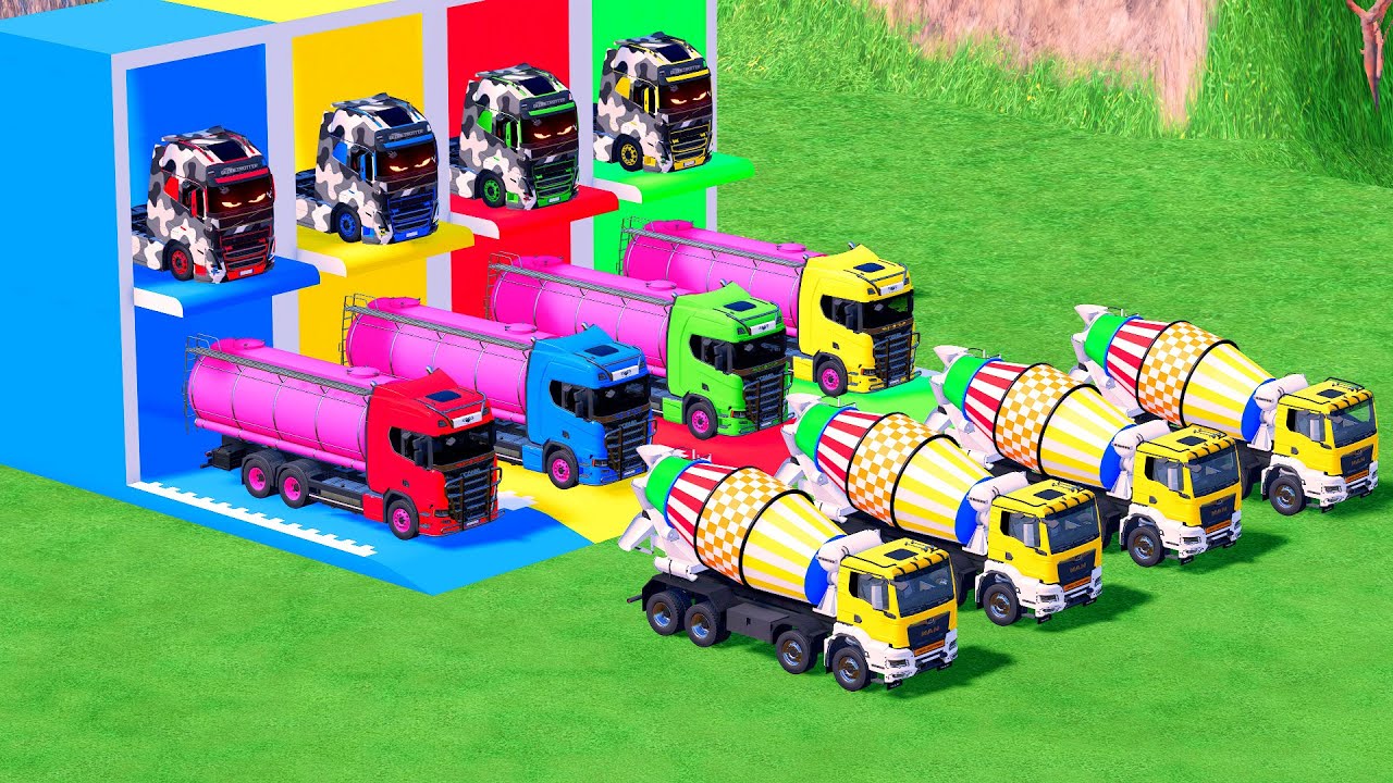 Garage with Colors - ALL MIXER TRUCK WITH DOUBLE FLATBED TRAILER TRUCK, SCANIA, MERCEDES, IVECO