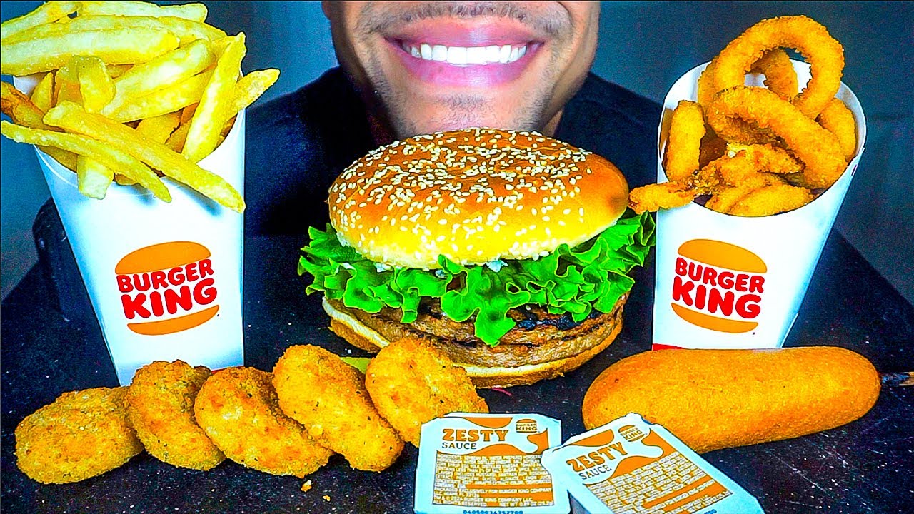 ASMR BURGER KING IMPOSSIBLE WHOPPER CHICKEN NUGGETS CORN DOG FRIES ONION RINGS RANCH EATING JERRY