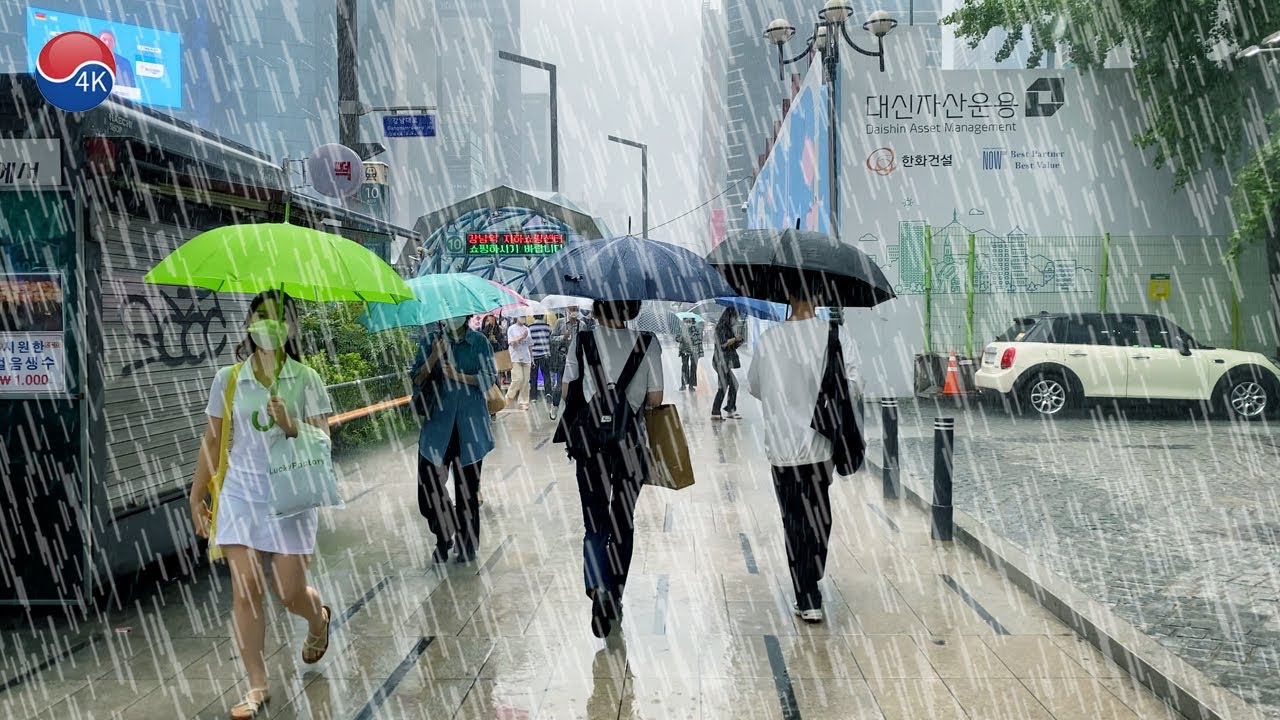 ⁣물폭탄 쏟아지는 강남, 거센 폭우 내리는 서울 첫 장맛비, 호우 주의보, 전국 장마 시작, 폭우 비상, 빗소리 ASMR, Rain Sound. 서울 트래블 워커.