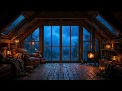 Rain on the Attic Roof 🌧️ Cozy Rain Sounds &amp; Crackling Fire | 1 Hour for Sleep, Study &amp; Relax
