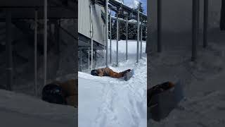 Snowboarder goes down slope then in-between two poles then hits bottom of pole and falls forward