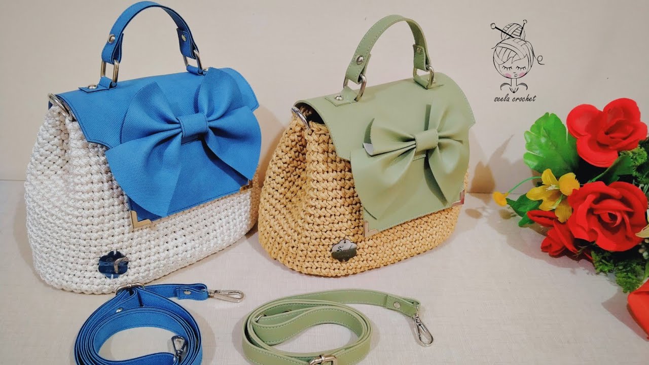 شنطه كروشيه بوش جلد موديل الفيونكه🎀 بغرزةcross stitchبأسهل طريقه شنطه كروس كروشيه