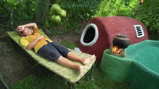 Survival Girl Camping Living Alone Building a House Mini with Bathtub in the Woods