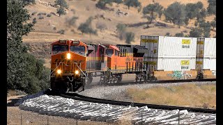#12 BNSF & KCS trio led manifest begins climbing the Tehachapi loop at Walong CA