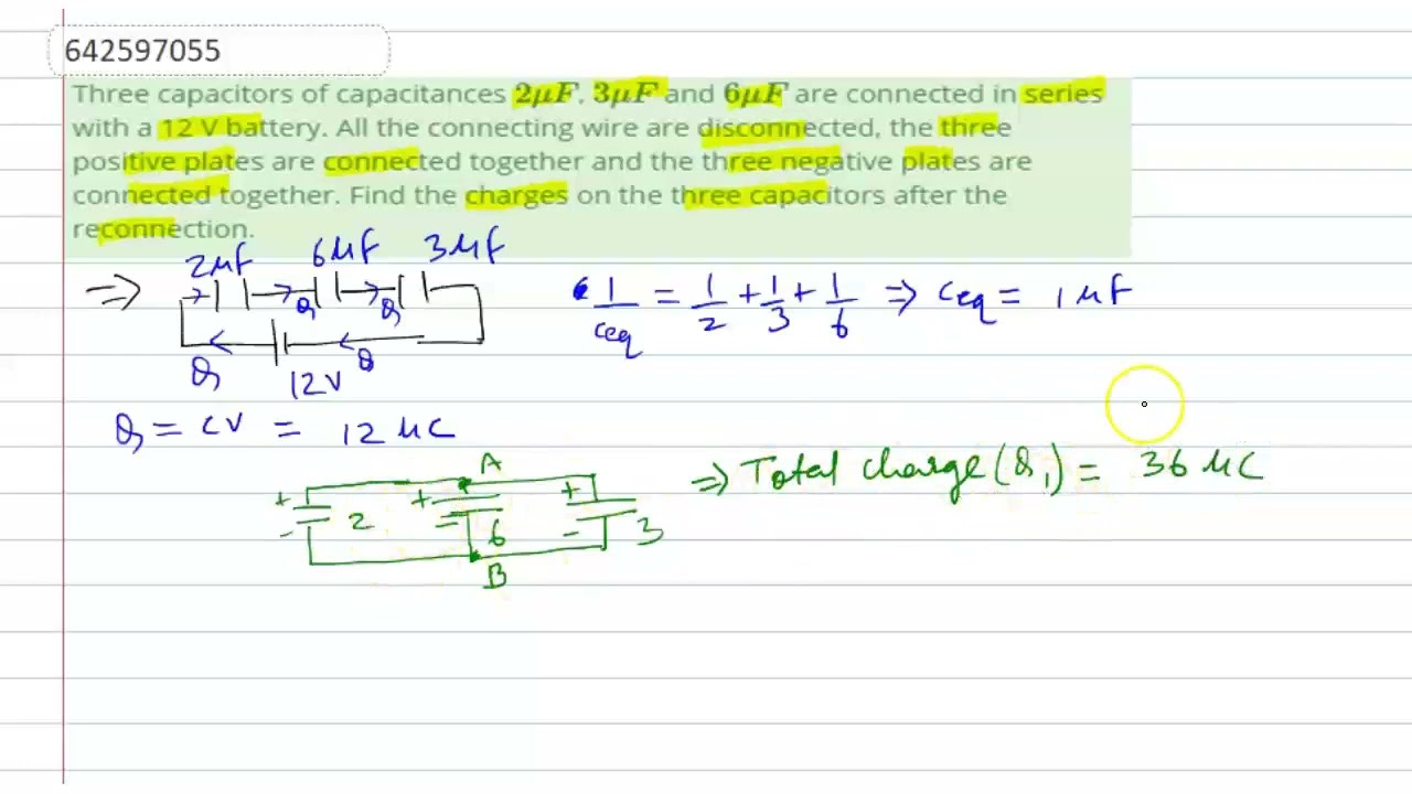 Three capacitors of capacitances 2 muF, 3mu F and 6muF are connected in series with a 12 V batte...