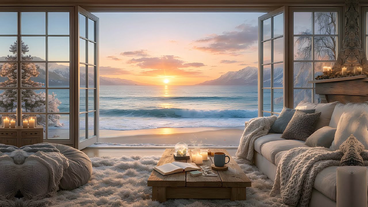 Winter Morning Peace by the Sea Window ❄️🌊 | Gentle Waves, Birds & Soft Chimes with Cats