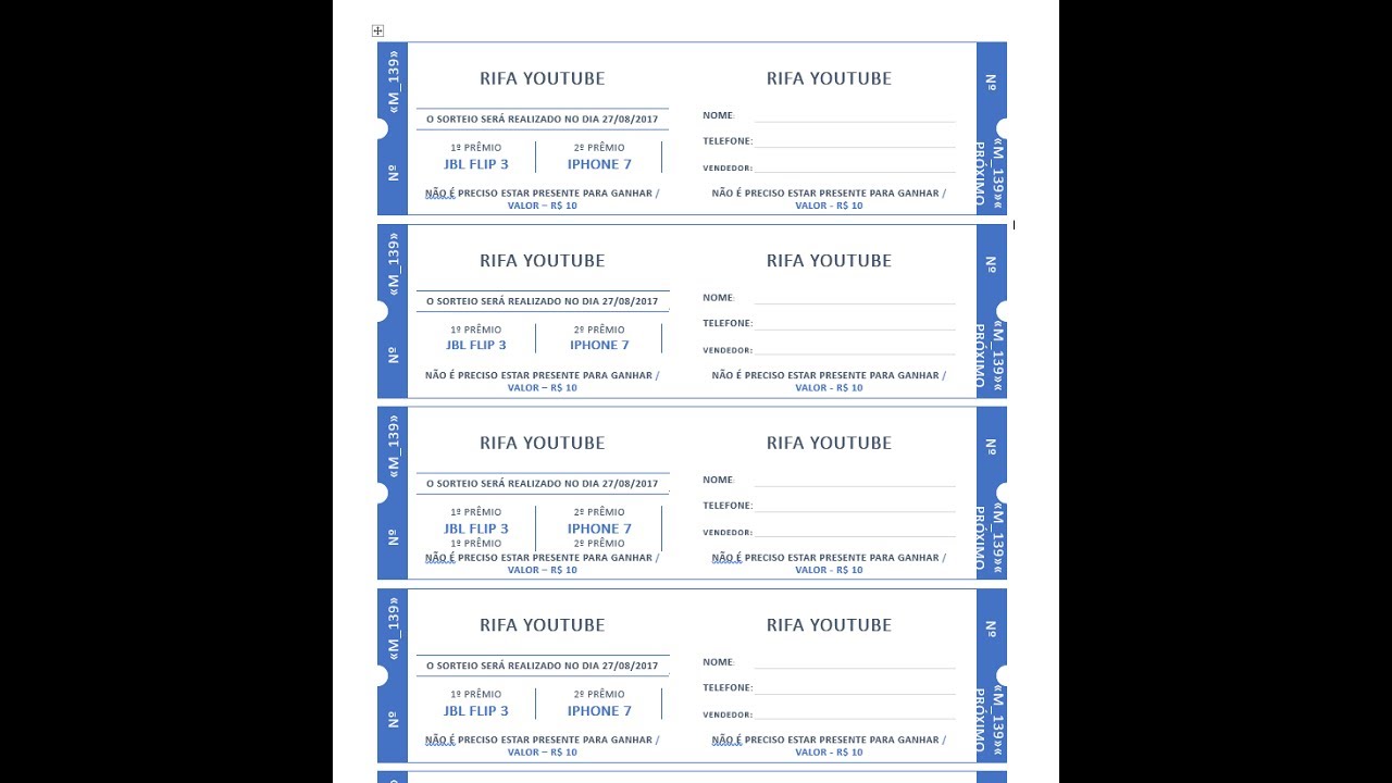 Tutorial Criando Rifa No Word Excel Youtube