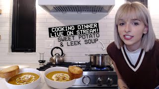 cooking dinner (sweet potato & leek soup)