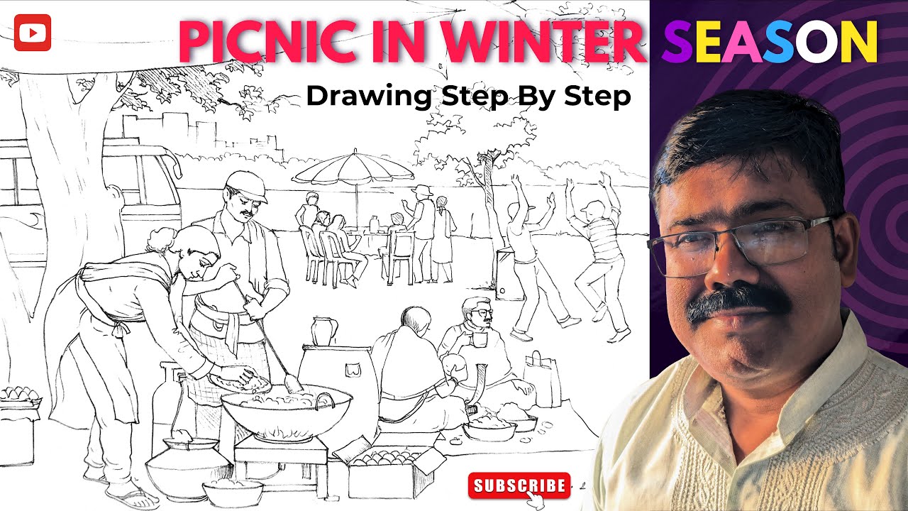 Рисунок пейзажа для пикника | Рисунок зимнего сезона | Поэтапный рисунок пикника | Семейный рисун...