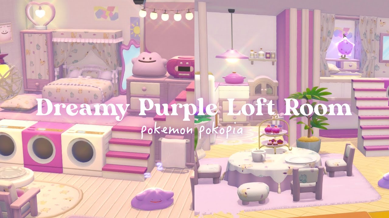 ぽこあポケモン | ロフトのある建築キットの内装づくり | Dreamy Purple Loft Rooms for Ditto | Pokopia