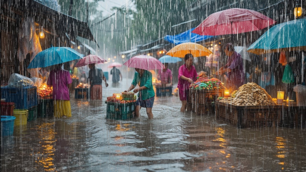 Heavy rain causes water to overflow into the streets of traditional markets in rural Indonesia