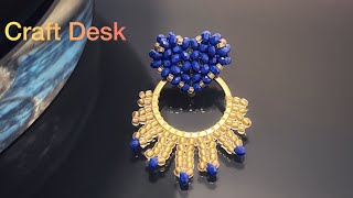 Blue &amp; Gold Heart -Beaded Earrings
