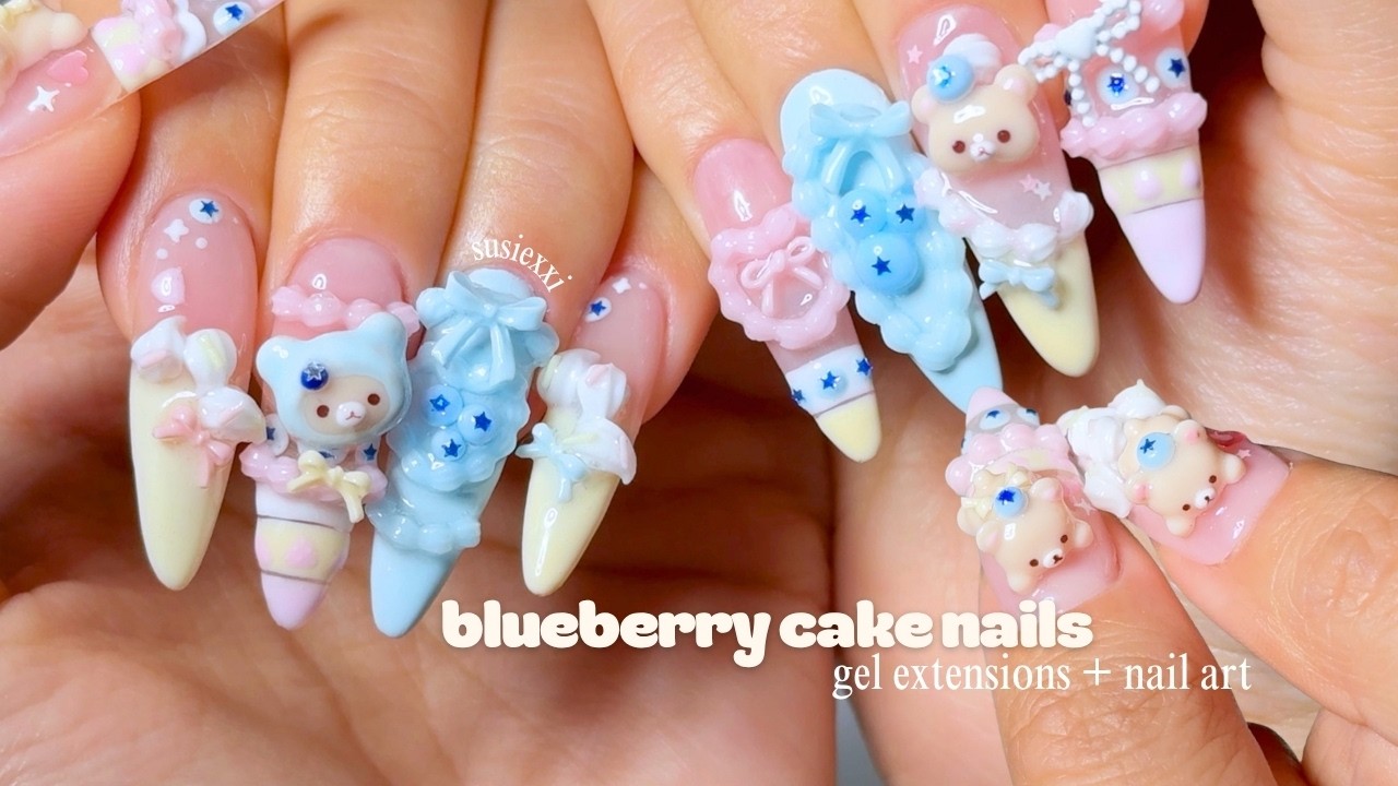do korilakkuma cake nails w me 🫐🎂 handmade charms + extensions