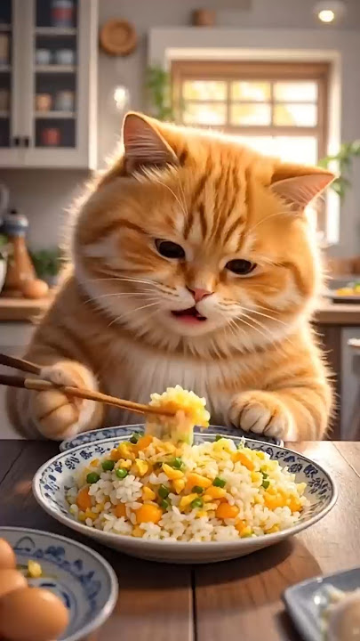 Orange Cat Cooking Egg Fried Rice. #cat #catchef #funnycats #catcooking #catlover #catai #shorts