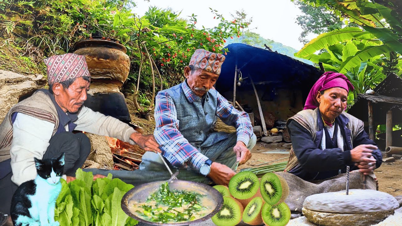 Village Life Vibe Grinding Corn on Stone Mill & Eating Fresh Garden Fruits