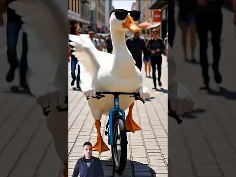 بطة بيضا راكبة عجلة صغيرة وسط الشارع