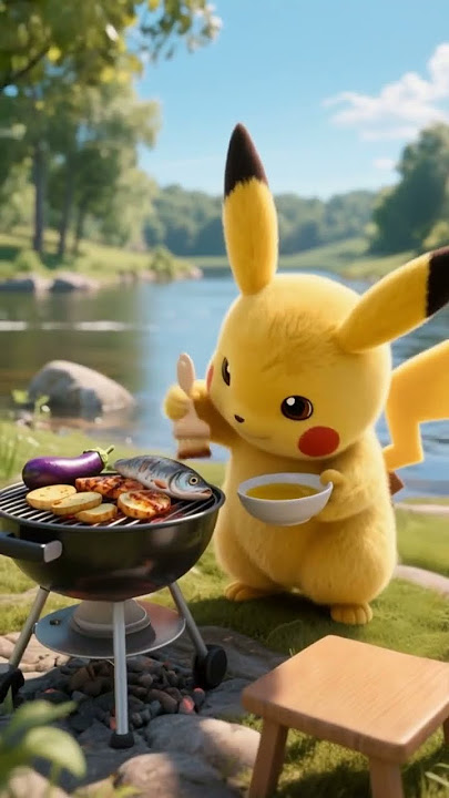 Pikachu  Gemoy Catches Fish and Grills It?! Too Cute to Handle! #shorts #shortvideo  #pikachu #cute