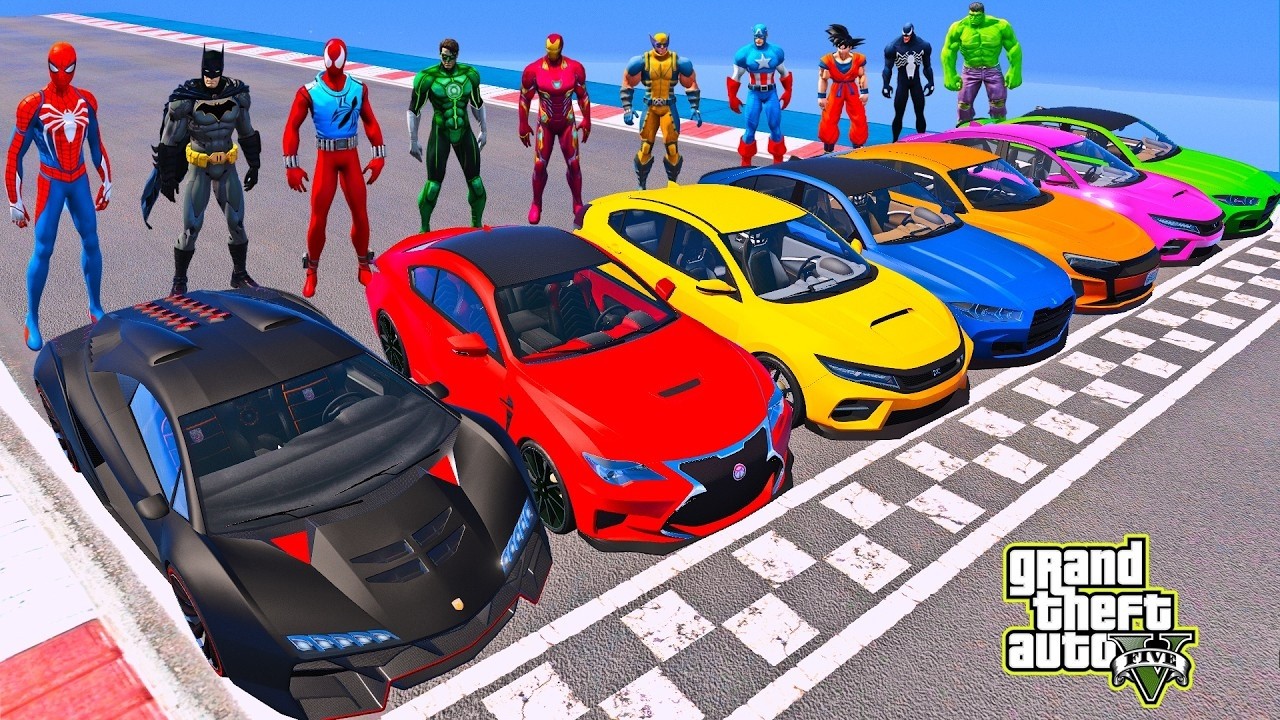 SUPERHEROES ARMY SPORTS CARS RACING CHALLENGE on SKY MEGA RAMP, SPIDERMAN MOTORBIEKS RACING - GTA 5