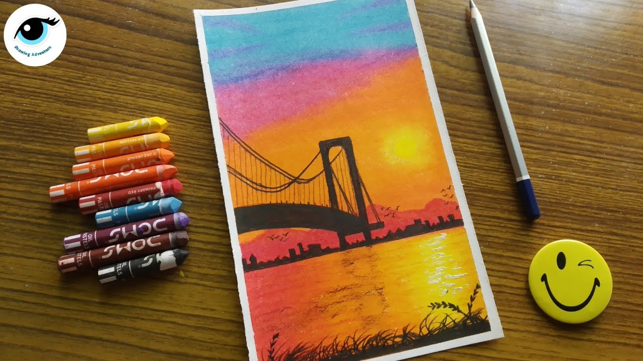 City Bridge Sunset Scenery | Oil Pastel Drawing For Beginners - step by step