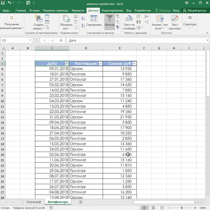 Автофильтры в Excel