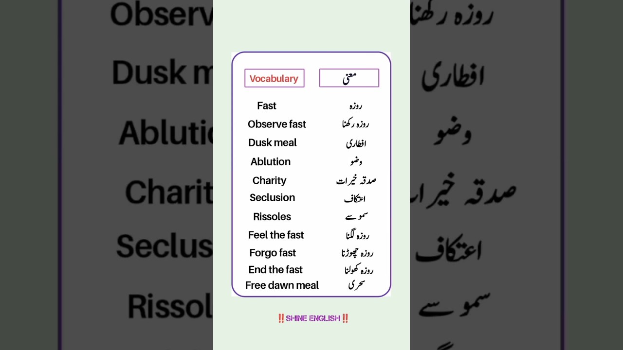 Ramadan related English vocabulary words with Urdu meaning 💯🤯