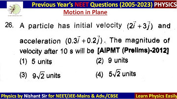A particle has initial velocity 2I+3j and acceleration 0.3i+0.2j . The magnitude of veloc #aipmt2012