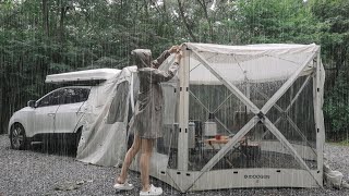 Sudden Heavy Rain without warning Solo Camping in the Forest / Overnight in a TRANSPARENT tent