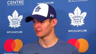 Ian scott speaks with paul hendrick following day five of maple leafs
development camp on monday.